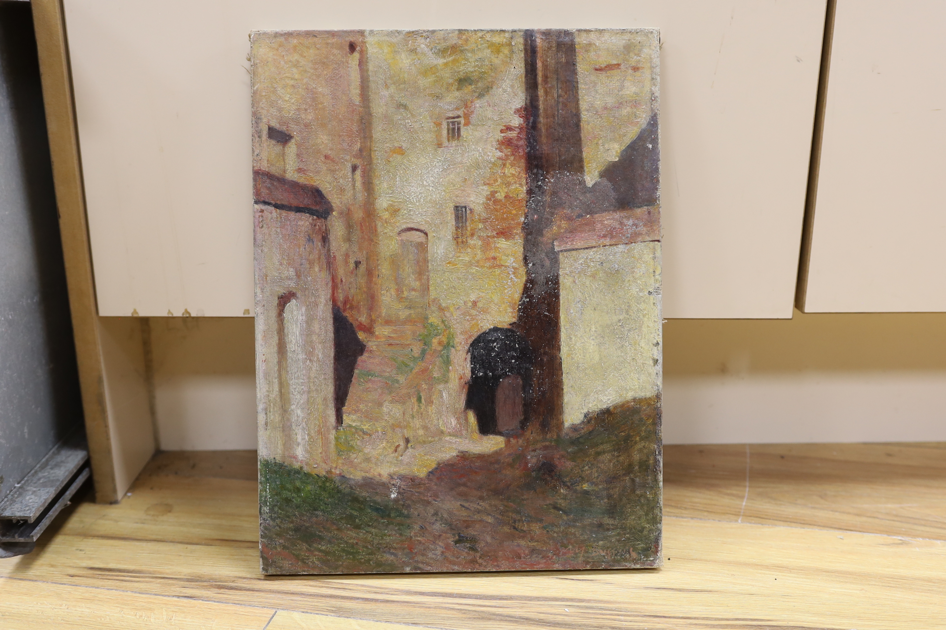French School, oil on canvas, Street scene, indistinctly signed lower right, 36 x 26cm, unframed